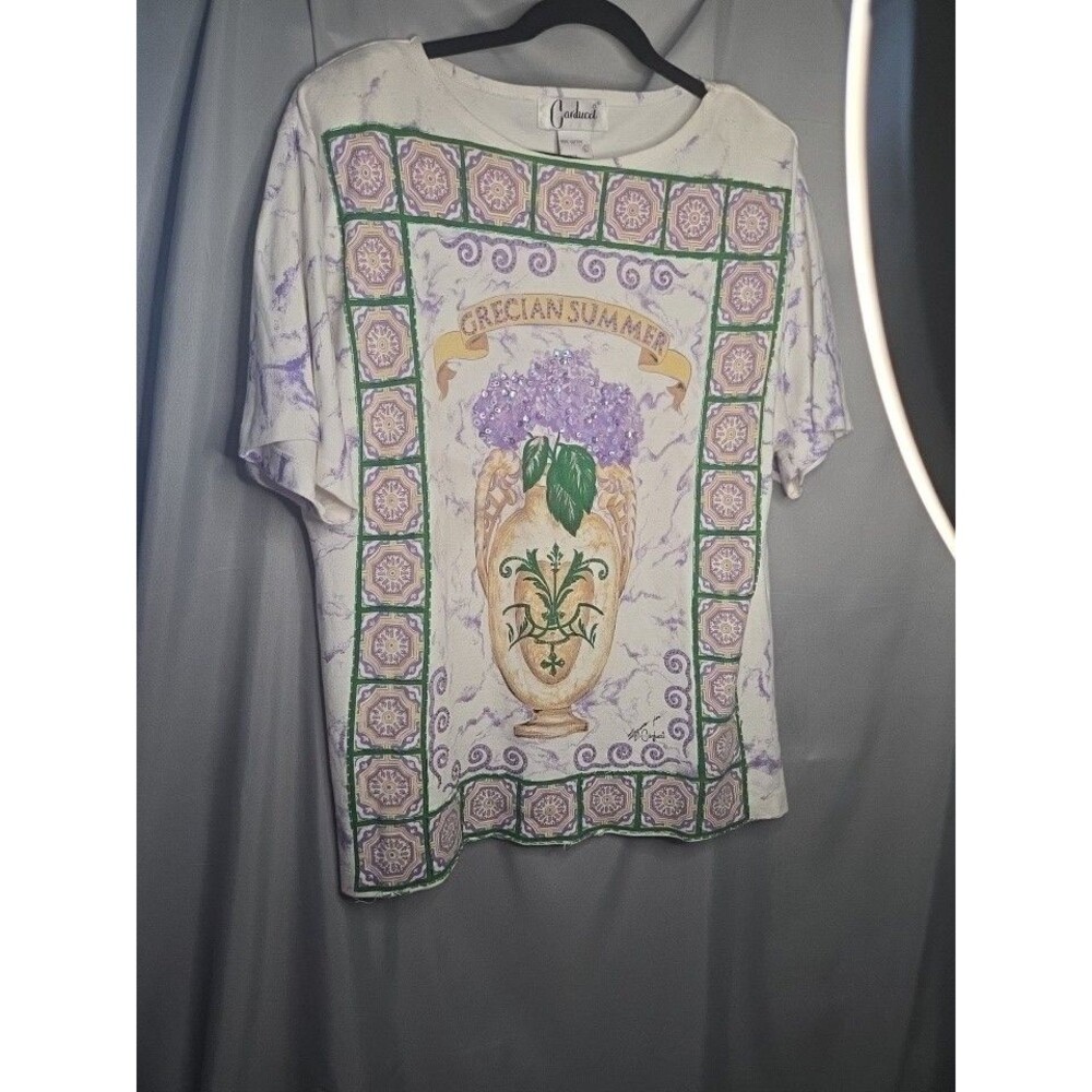 Vtg 80s Carducci T Shirt Sz L White Crew Neck Sequin Beading Cotton Short Sleeve